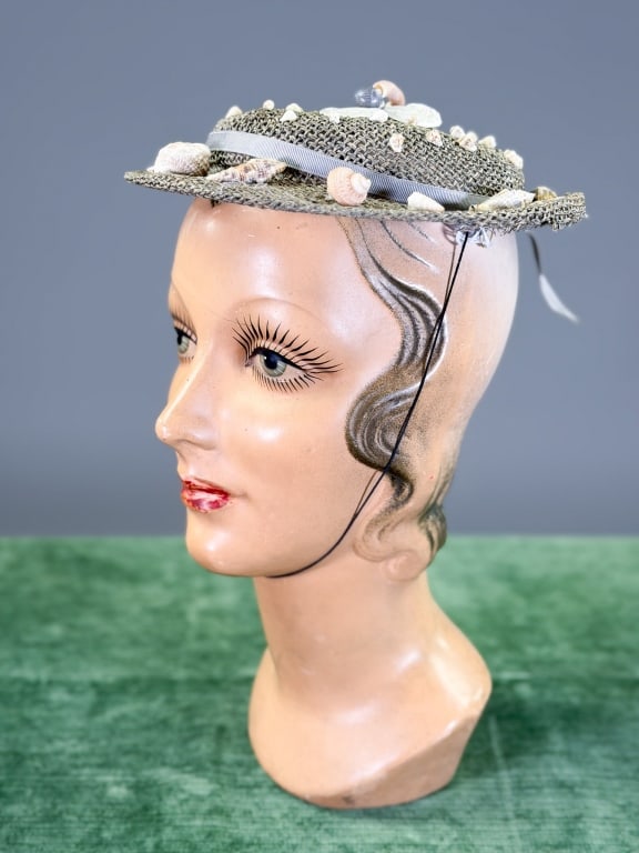 Vintage 1950s Straw Woven Sea Shell Fascinator Hat: Vintage 1950s Straw Woven Sea Shell Fascinator Hat. Interior circumference measuring approximately 19.5 inches with chin strap. From the lifetime collection, fashion archive and business inventory of 