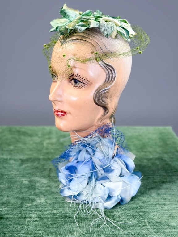 Pair of Vintage 1950s Floral Net Fascinator Hats: Pair of Vintage1950s Floral Net Fascinator Hats having ostrich feather details. Measuring one size fits most. From the lifetime collection, fashion archive and business inventory of collector and deal