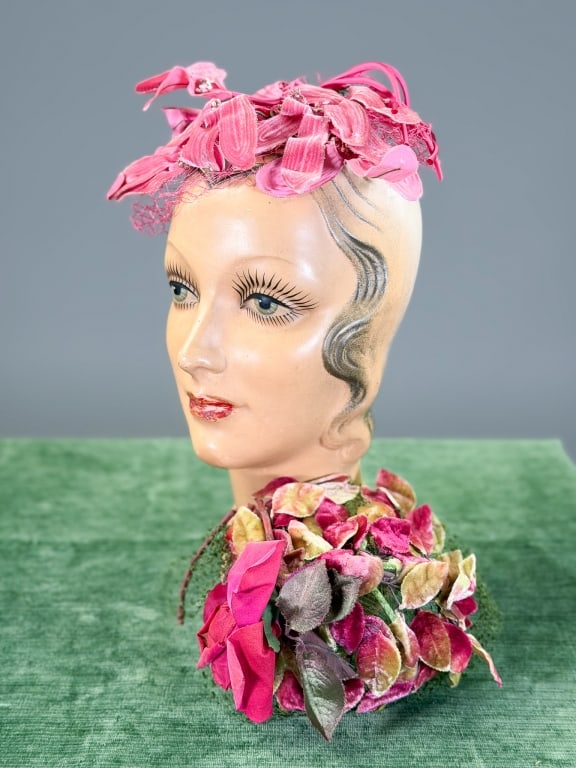 Pair of Vintage 1950s Floral Net Fascinator Hats: Pair of Vintage1950s Floral Net Fascinator Hats. Measuring one size fits most. From the lifetime collection, fashion archive and business inventory of collector and dealer Elaine Klausman which we are