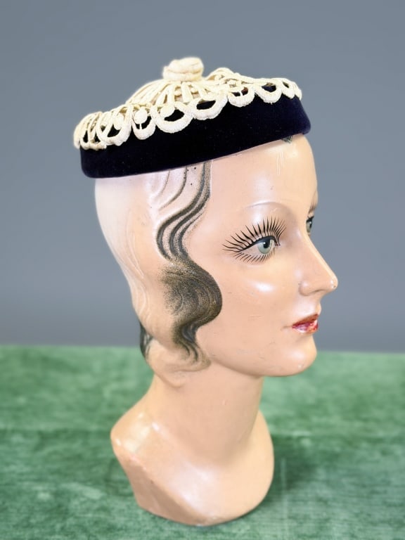 Vintage 1950s Lace Velvet Fascinator Hat: Vintage 1950s Lace Velvet Fascinator Hat. Labeled Oval Room. Marked size 22. Interior circumference measuring approximately 19 inches. From the lifetime collection, fashion archive and business invent