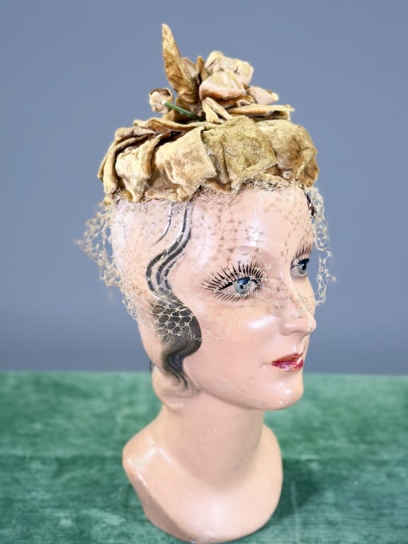 Vintage 1950s Velvet Floral Fascinator Cap Hat: Vintage 1950s Velvet Floral Fascinator Cap Hat. Miss Sally Victor. Interior circumference measuring approximately 20 inches. From the lifetime collection, fashion archive and business inventory of col
