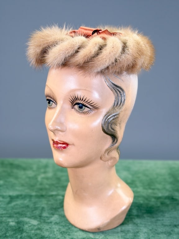 Vintage 1950s Satin Bow Mink Fascinator Hat: Vintage 1950s Satin Bow Mink Fascinator Hat. Interior circumference measuring approximately 21 inches. From the lifetime collection, fashion archive and business inventory of collector and dealer Elai