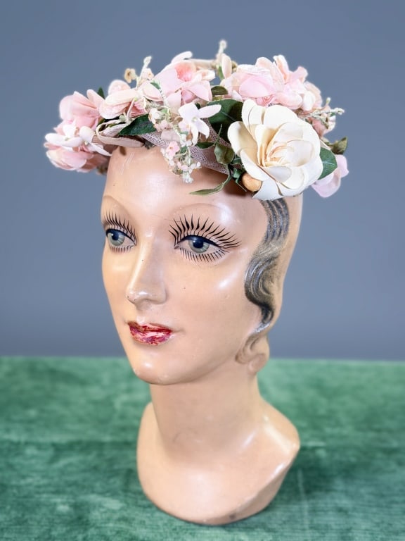 Vintage 1950s Saks Fifth Ave Floral Fascinator Hat: Vintage 1950s Saks Floral Fascinator Hat. Labeled Saks Fifth Avenue Millinery Salon. Interior circumference measuring approximately 20 inches. From the lifetime collection, fashion archive and busines