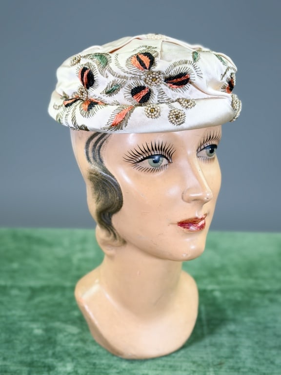 Vintage 1950s Beaded Embroidered Satin Hat (1 of 6)