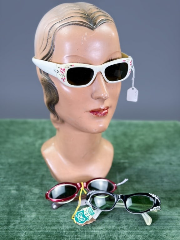 Collection of 1950s-1960s Floral Carved Sunglasses: Collection of 1950s-1960s Sunglasses including three total with floral and carved details throughout. One with original tags attached. General wear as shown throughout. From the lifetime collection, f