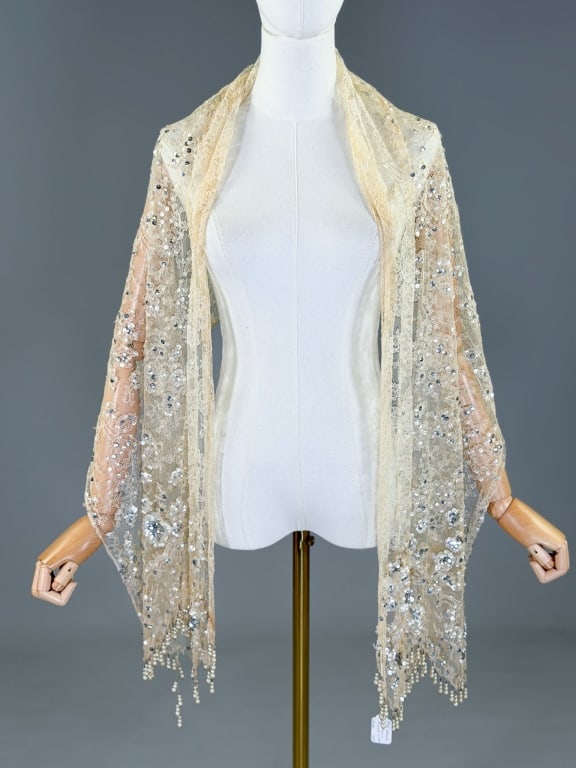Vintage 1950s Blonde Lace Sequin Beaded Scarf Wrap (1 of 10)