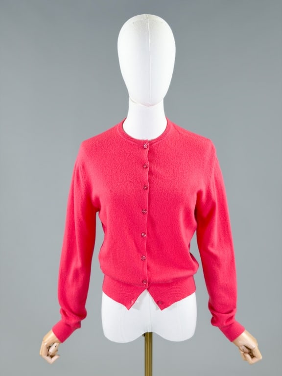 Vintage 1960s Pringle Cashmere Knit Cardigan: Vintage 1960s Pringle of Scotland Cashmere Knit Cardigan sweater having button front closure. Marked size 36. Measuring 38-46 inch bust, 26-38 inch waist, 23 inches long, 25 inch sleeve length. From t