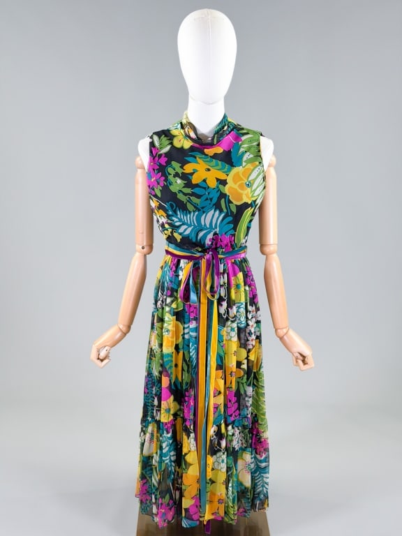 Vintage 1960s Mollie Parnis Silk Floral Maxi Gown: Vintage 1960s Mollie Parnis Silk Floral Maxi Gown having back zip closure with belt at waist. Measuring 36 inch bust, 30 inch waist, 45 inches long. From the lifetime collection, fashion archive and b