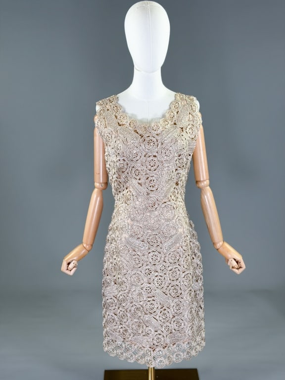 Vintage 1960s Crochet Rafia Shift Dress: Vintage 1960s Crochet Rafia Shift Dress having back zip closure. Measuring 40 inch bust, 30 inch waist, 40 inches long. From the lifetime collection, fashion archive and business inventory of collecto