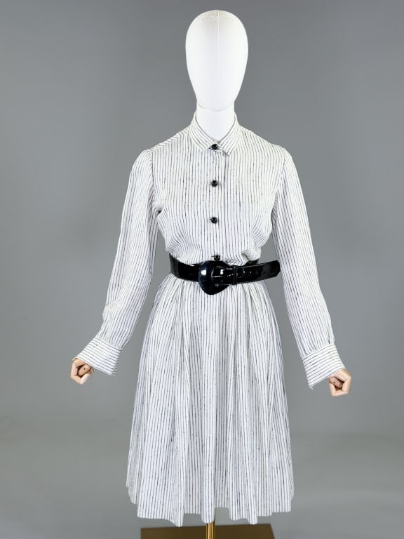 Vintage 1970s Button Front Stripe Belted Dress: Vintage 1970s Button Front Stripe Belted Dress having button front closure and belt at waist. Measuring 36 inch bust, 24 inch waist, 43 inches long, 24 inch sleeve length. From the lifetime collection