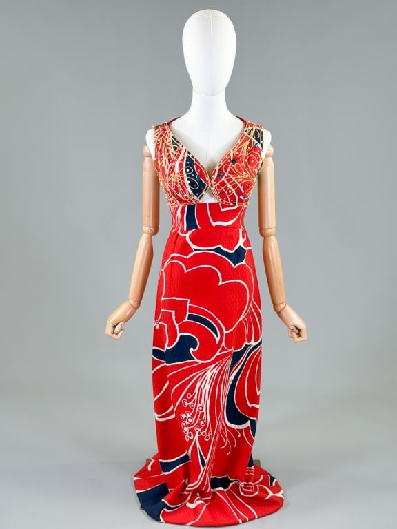 Vintage 1970s Rhinestone Floral Maxi Dress: Vintage 1970s Rhinestone Floral Maxi Dress having center back zip closure and embellished bodice. Measuring 34 inch bust, 25 inch waist, 53 inches long. General wear as shown throughout. From the life