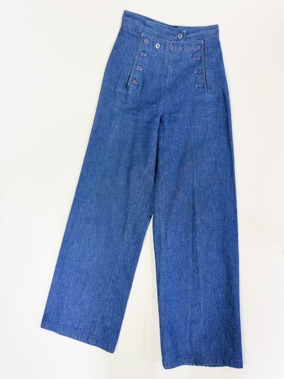 Vintage 1970s Cacharel Denim USN Style Pants: Vintage 1970s Cacharel Denim USN Style Pants having button front closure with wide legs. Marked size 4. Measuring 24 inch waist, 12 inch rise, 29 inch inseam. From the lifetime collection, fashion arc