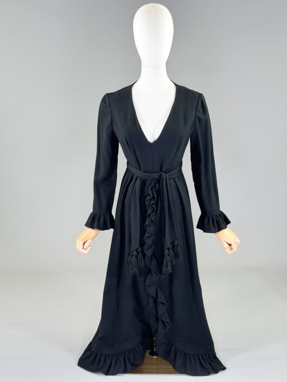Vintage 1970s Gino Charles Black Ruffle Maxi Dress: Vintage 1970s Gino Charles Black Ruffle Maxi Dress having back zip closure and belt at waist. Measuring 36 inch bust, 28 inch waist, 51 inches long, 21 inch sleeve length. General wear as shown throug