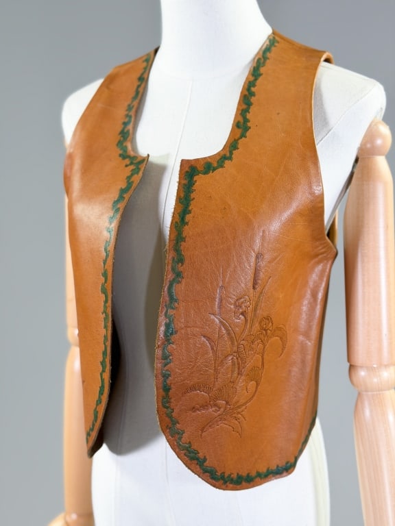 Vintage 1970s Leather Tooled Painted Vest (1 of 10)