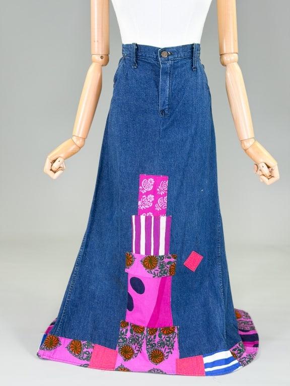 Vintage 1970s Patchwork Denim Maxi Skirt: Vintage 1970s Patchwork Denim Maxi Skirt having zip front closure with front pockets. Measuring 32 inch waist, 36 inches long. General wear as shown throughout. From the lifetime collection, fashion a
