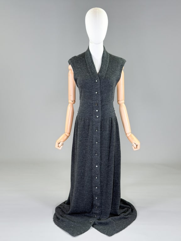 Vintage 1970s Donald Brooks Wool Knit Maxi Dress: Vintage 1970s Donald Brooks Wool Knit Maxi Dress having button front closure. Measuring 32-40 inch bust, 28-36 inch waist, 59 inches long. From the lifetime collection, fashion archive and business in