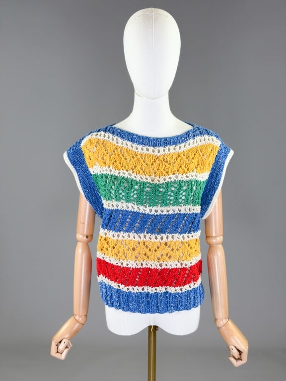 Vintage 1970s Hand Knit Stripe Sweater Top: Vintage 1970s Hand Knit Stripe Sweater Top having stretch throughout. Measuring 34-52 inch bust, 23 inches long. From the lifetime collection, fashion archive and business inventory of collector and d