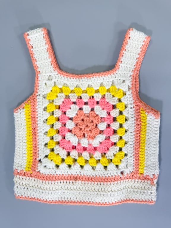 Vintage 1970s Hand Crochet Granny Square Tank Top: Vintage 1970s Hand Crochet Granny Square Tank Top having stretch throughout. Measuring 28-34 inch bust, 16 inches long. General wear throughout as shown. From the lifetime collection, fashion archive 