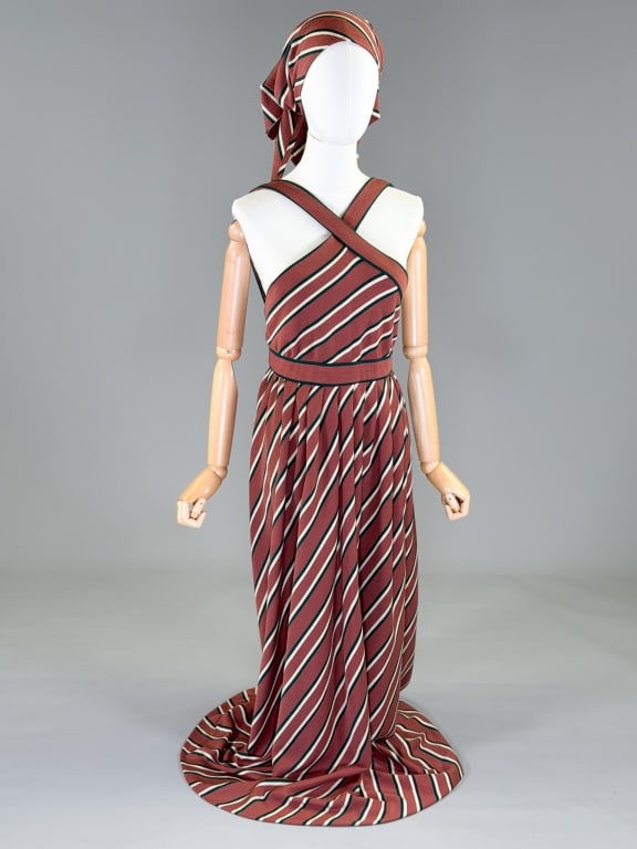 Vintage 1970s Hazel Hairr Knit Halter Dress Set: Vintage 1970s Hazel Hairr Knit Halter Dress Set having snap and hook closures with halter neckline. Measuring 34 inch bust, 26 inch waist, 60 inches long. With matching scarf. From the lifetime collec