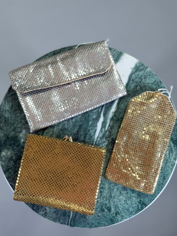Collection of Vintage Metal Mesh Wallet Bags: Collection of Vintage Metal Mesh Wallet Bags. Three total one wallet, one pouch & one eye glasses case. All with varying levels of wear throughout. Largest measuring approximately 4 inches by 6 inches