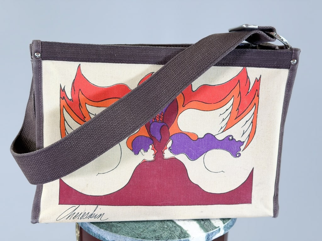 Vintage 1960s Ron Chereskin Mod Print Canvas Bag: Vintage 1960s Ron Chereskin Mod Print Canvas Bag having open top with interior zippered pocket. Measuring approximately 10 inches high by 15 inches wide by 3 inches deep. From the lifetime collection,