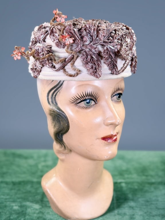 Vintage 1960s Velvet Pill Box Raffia Hat (1 of 10)