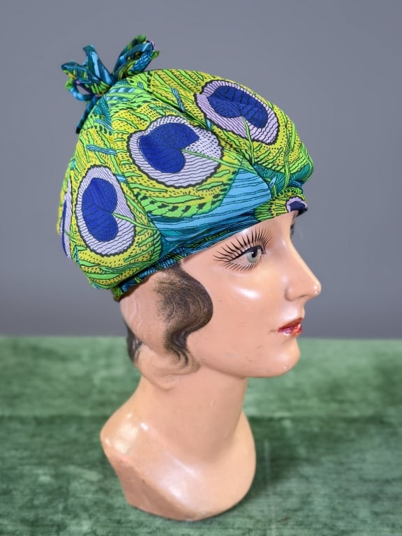 Vintage 1960s Peacock Feather Printed Cap Hat: Vintage 1960s Peacock Feather Printed Cap Hat. Labeled La Mendola. Interior circumference measuring approximately 22 inches. From the lifetime collection, fashion archive and business inventory of col