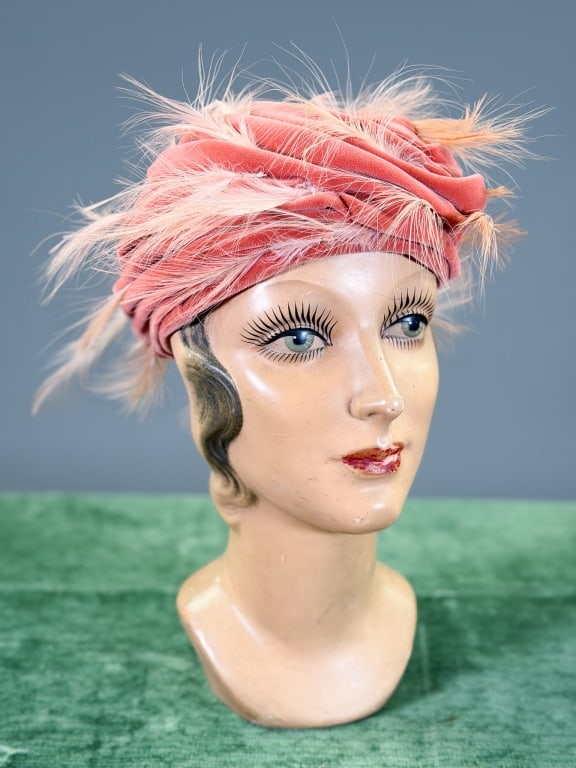 Vintage 1960s Velvet Draped Ostrich Feather Hat: Vintage 1960s Velvet Draped Ostrich Feather Turban Hat. Interior circumference measuring approximately 21 inches. General wear as shown throughout. From the lifetime collection, fashion archive and bu