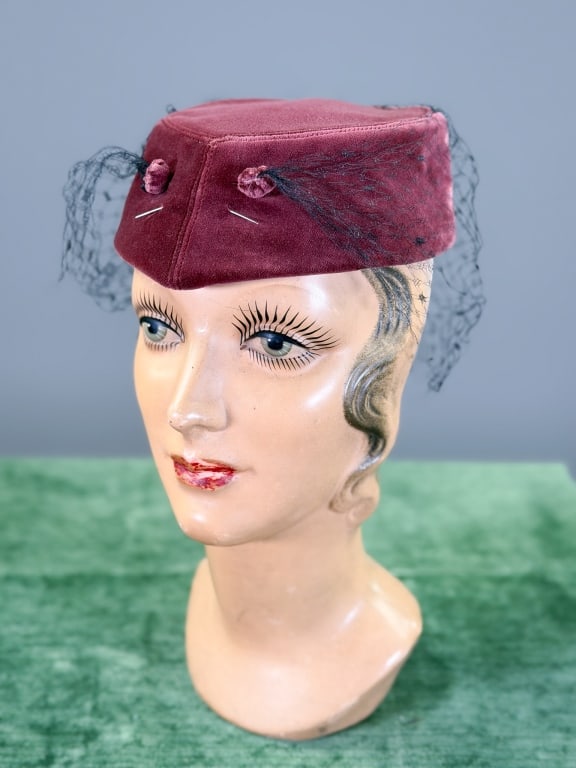 Vintage 1960s Frank Olive Velvet Net Hat: Vintage 1960s Frank Olive Velvet Net Hat. Interior circumference measuring approximately 21 inches. General wear as shown throughout. From the lifetime collection, fashion archive and business invento