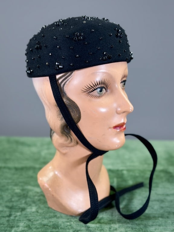 Vintage 1960s Adolfo Wool Felt Beaded Pill Box Hat (1 of 6)