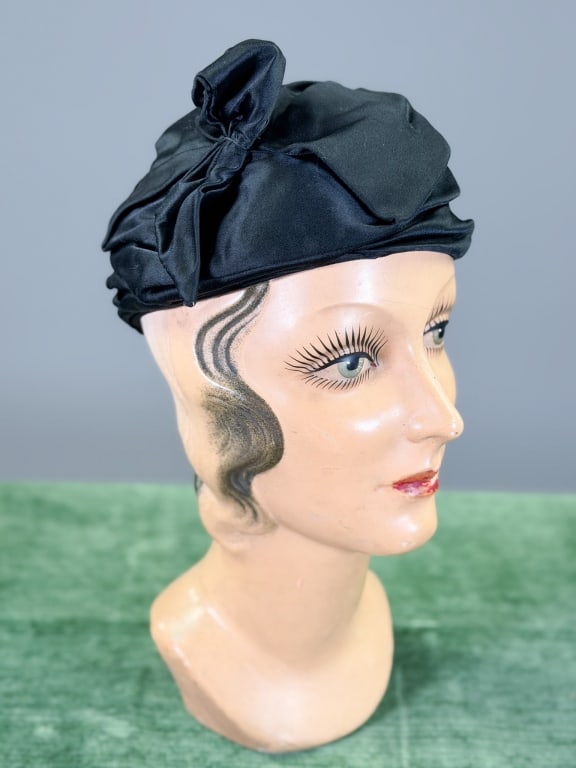 Vintage 1960s Silk Satin Draped Turban Cap Hat: Vintage 1960s Saks Fifth Avenue Silk Satin Draped Turban Cap Hat. Interior circumference measuring approximately 20 inches. From the lifetime collection, fashion archive and business inventory of coll