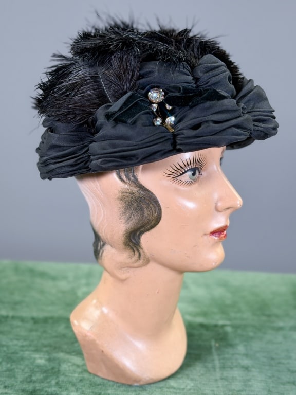 Vintage 1960s Ruched Ostrich Feather Turban Hat: Vintage 1960s Ruched Ostrich Feather Turban Hat. Labeled Claude Saint-Cyr. Interior circumference measuring approximately 20 inches. From the lifetime collection, fashion archive and business inventor