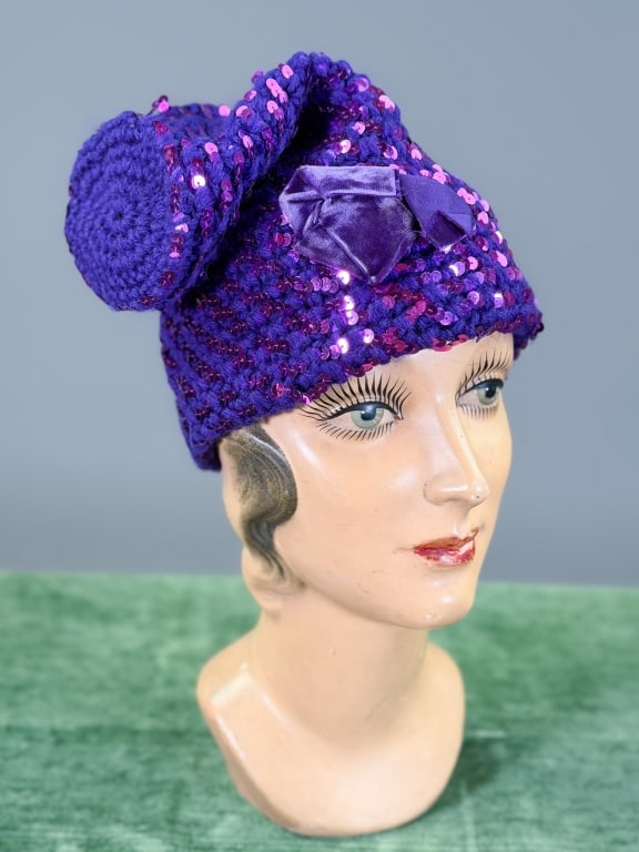 Vintage 1960s Crochet Sequin Hat: Vintage 1960s Crochet Sequin Hat. Labeled Betmar. Interior circumference measuring approximately 22 inches. General wear as shown throughout. From the lifetime collection, fashion archive and business