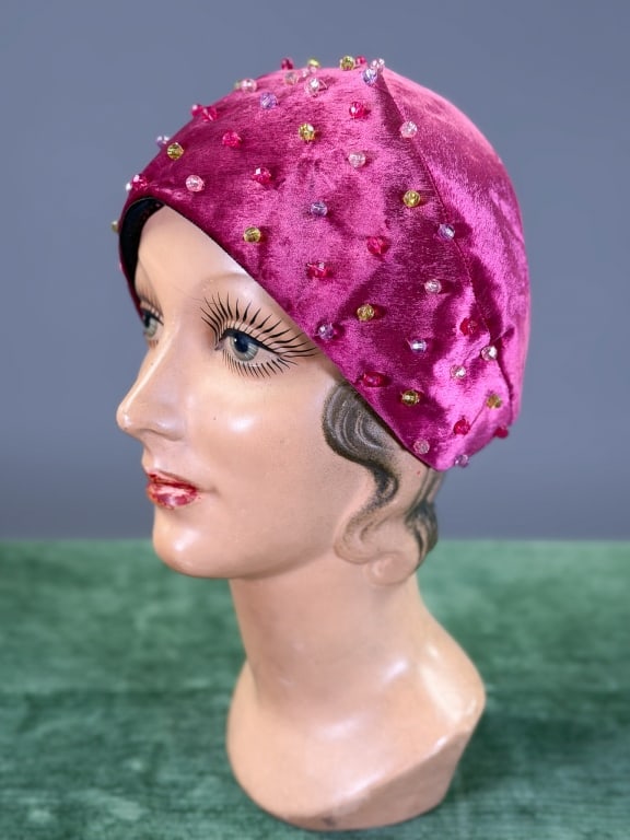 Vintage 1960s Mr. John Velvet Beaded Cloche Hat (1 of 7)