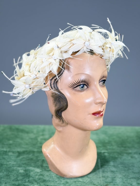 Vintage 1950s Mr. Arnold Satin Floral Feather Hat: Vintage 1950s Mr. Arnold Satin Floral Goose Biot Feather Hat. Interior circumference measuring approximately 21 inches. From the lifetime collection, fashion archive and business inventory of collecto