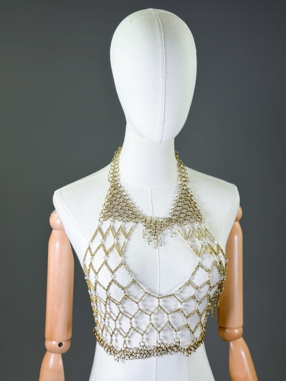 Vintage 1960s Metal Mesh Beaded Crystal Halter Top (1 of 8)