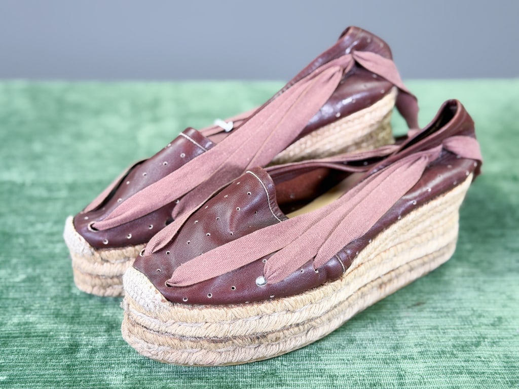 Vintage 1980 Jean Paul Gaultier Espadrille Shoes: Vintage 1980 Jean Paul Gaultier Espadrille Shoes having leather upper with lace ties. Marked size 38. Measuring approximately 9.5 inches heel to toe. General wear as shown throughout. From the lifetim