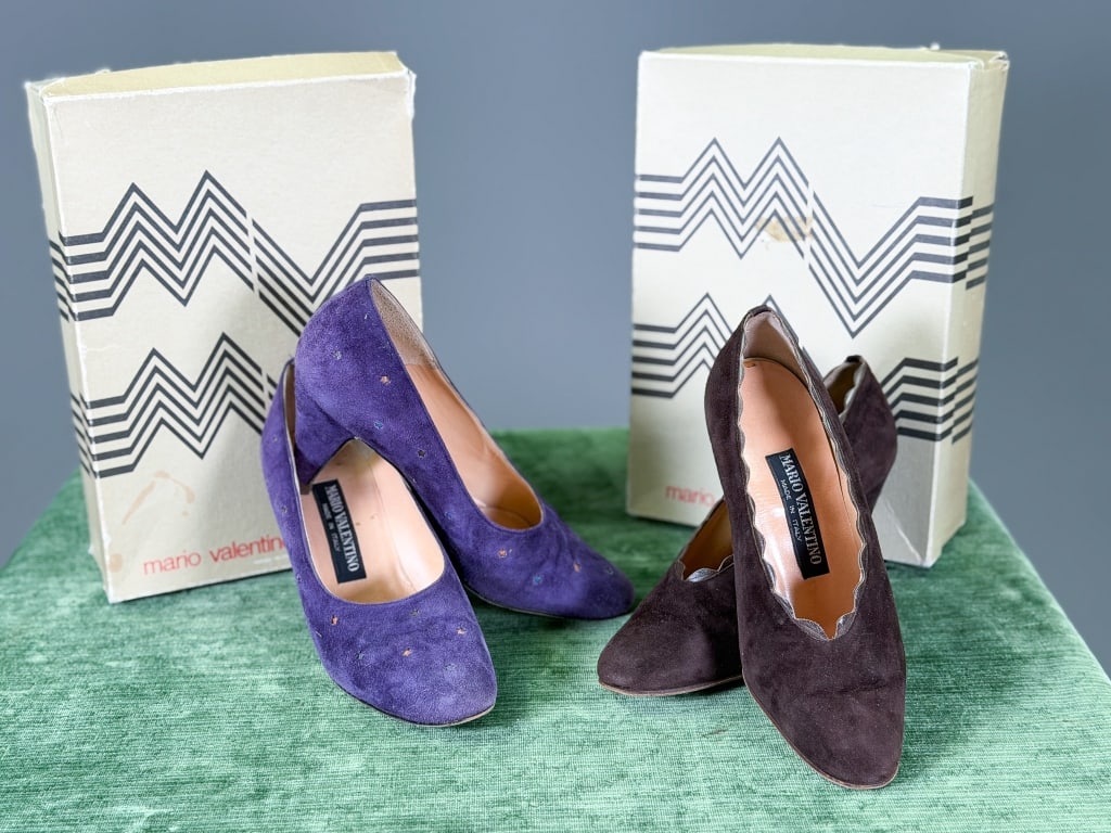 Vintage 1980s Mario Valentino Suede Heels Pumps: Vintage 1980s Mario Valentino Suede Heels Pumps both marked size 37. Original box included with both. General wear as shown throughout. From the lifetime collection, fashion archive and business inven