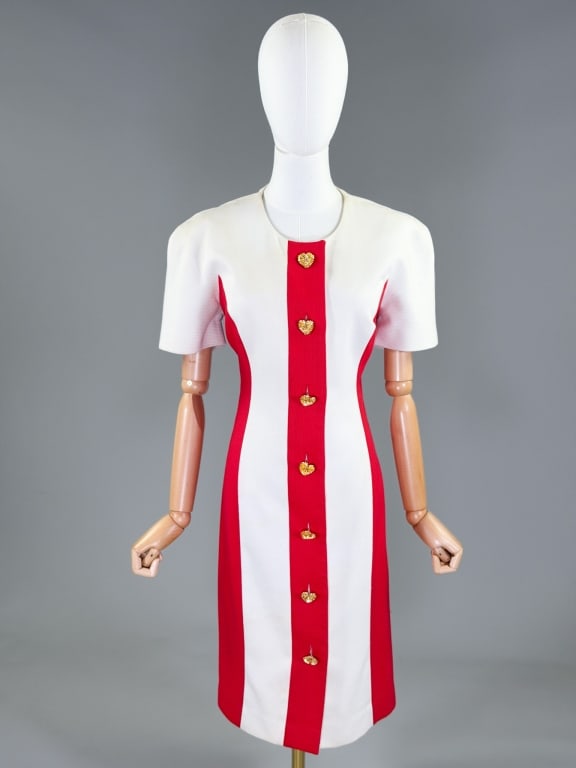 Vintage 1980s Arnold Scaasi Color Block Dress: Vintage 1980s Arnold Scaasi Color Block Dress having metal heart shaped button front closure. Labeled Scassi Dress, marked size US 12. Measuring 40 inch bust, 34 inch waist, 40 inches long, 8 inch sle
