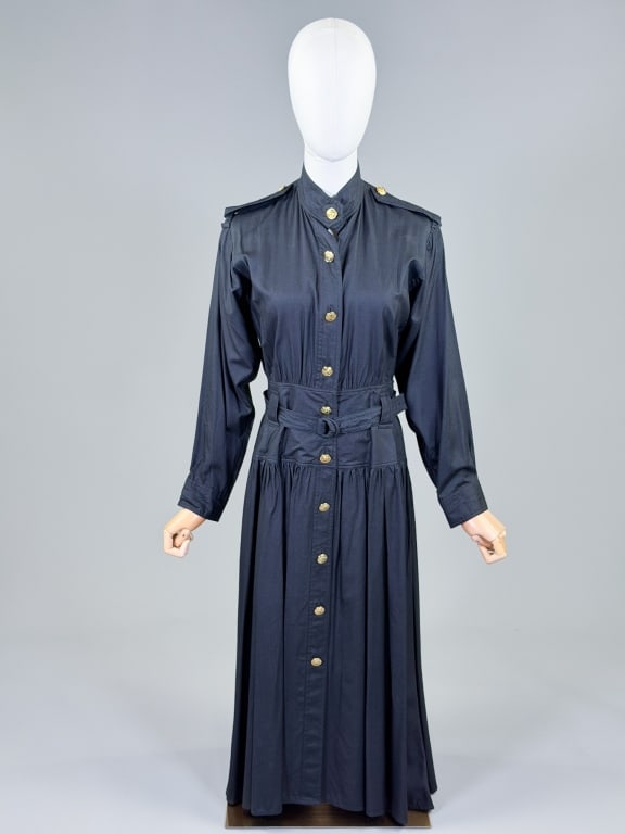 Vintage 1980s Frances Henaghan Silk Dress: Vintage 1980s Frances Henaghan Silk Dress having button front closure with belt at waist. Marked Size 6. Measuring 36 inch bust, 30 inch waist, 47 inches long, 22 inch sleeve length. From the lifetime
