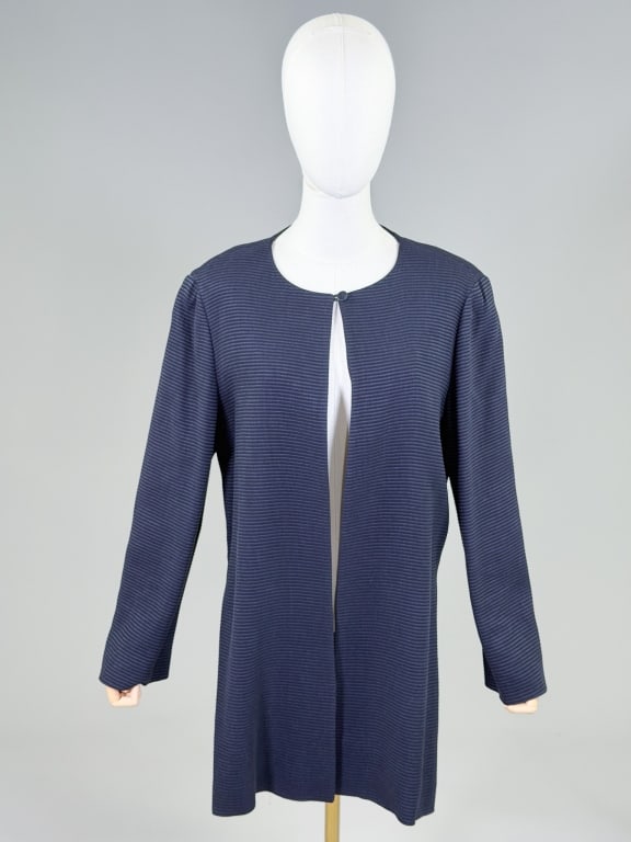 Vintage 1980s Jaeger Stripe Jacket Coat: Vintage 1980s Jaeger Stripe Jacket Coat having single button closure at neck. Measuring 33 inches long, 24 inch sleeve length. From the lifetime collection, fashion archive and business inventory of c