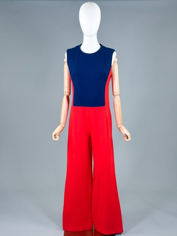 Vintage 1970s Wool Color Block Mod Jumpsuit: Vintage 1970s Wool Color Block Mod Jumpsuit having back zip closure. Measuring 36 inch bust, 32 inch waist, 56 inch total length. General wear as shown throughout. From the lifetime collection, fashio