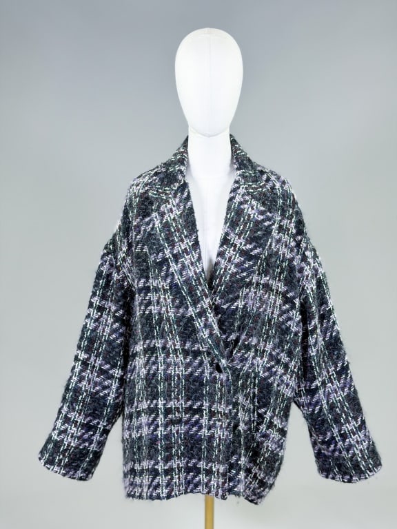 Vintage 1980s Rebecca Moses Wool Tweed Jacket: Vintage 1980s Rebecca Moses Wool Tweed Jacket having button front closure and notched lapel. Measuring 60 inch bust, 30 inches long, 22 inch sleeve length. From the lifetime collection, fashion archiv