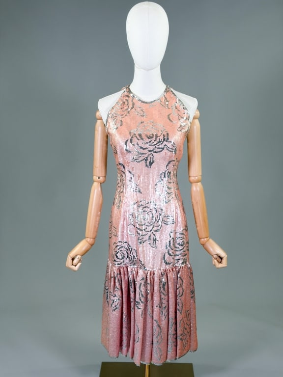Vintage 1980s Richilene Floral Sequin Dress: Vintage 1980s Richilene Floral Sequin Dress having back zip closure. Measuring 34 inch bust, 28 inch waist, 42 inches long. From the lifetime collection, fashion archive and business inventory of coll