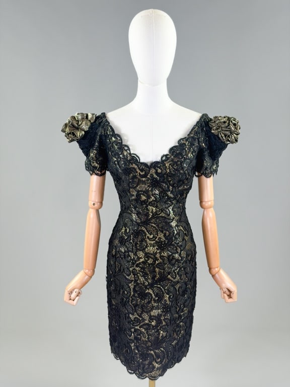 Vintage 1980s Lopez Knudsen Lame Lace Party Dress: Vintage 1980s Lopez Knudsen Lame Lace Party Dress having back zip closure. Measuring 34 inch bust, 26 inch waist, 36 inches long, 8 inch sleeve length. From the lifetime collection, fashion archive an