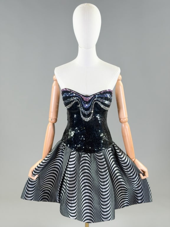 Vintage 1980s Fabrice Strapless Sequin Party Dress: Vintage 1980s Fabrice Strapless Sequin Party Dress having back zip closure. Measuring 32 inch bust, 26 inch waist, 28 inches long. From the lifetime collection, fashion archive and business inventory 