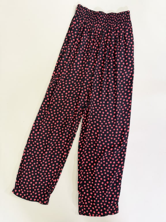 Vintage 1980s Rayon Polka Dot Trouser Pants: Vintage 1980s Rayon Polka Dot Trouser Pants having elastic waist. Marked size 4. Measuring 24-44 inch waist, 13 inch rise, 29 inch inseam. From the lifetime collection, fashion archive and business in