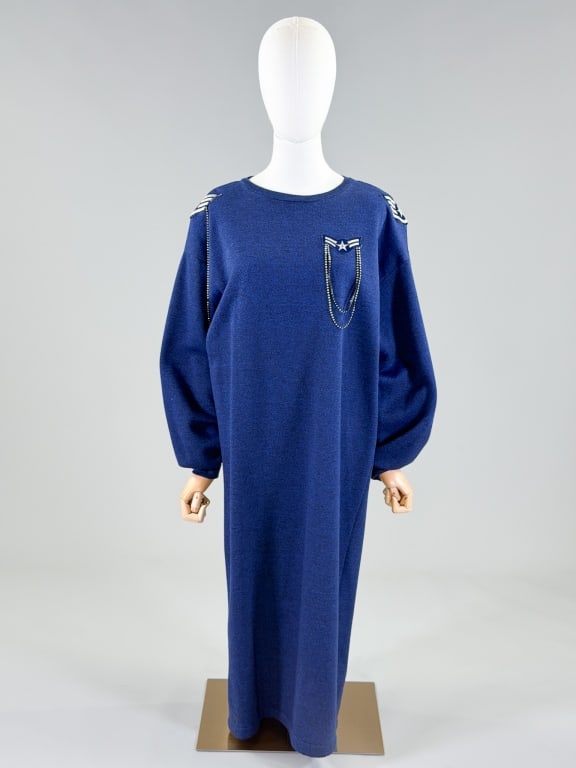 Vintage 1980s Knit Embellished Shift Dress: Vintage 1980s Knit Embellished Shift Dress. Marked size small with stretch throughout. Measuring 42-44 inch bust, 46 inches long, 22 inch sleeve length. From the lifetime collection, fashion archive a