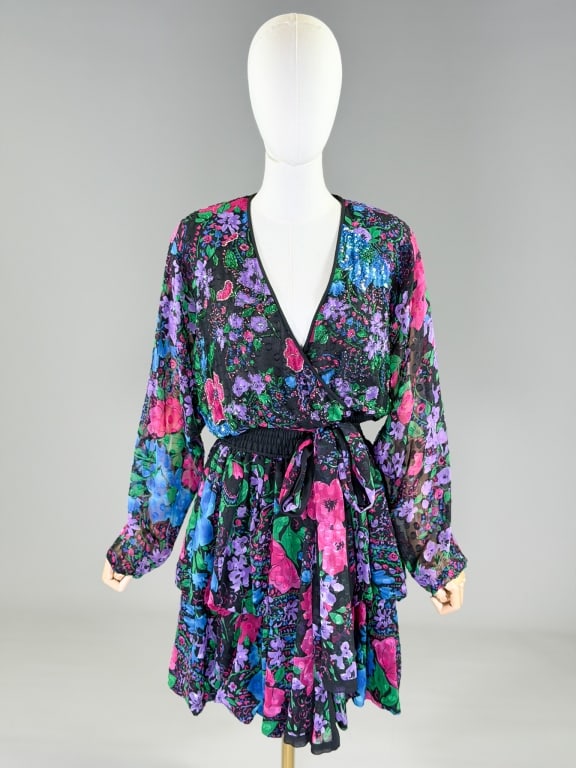 Vintage 1980s Diane Freis Beaded Chiffon Dress: Vintage 1980s Diane Freis Beaded Chiffon Dress having free bust, 28-42 inch waist, 43 inches long, 23 inch sleeve length. General wear as shown throughout. From the lifetime collection, fashion archiv