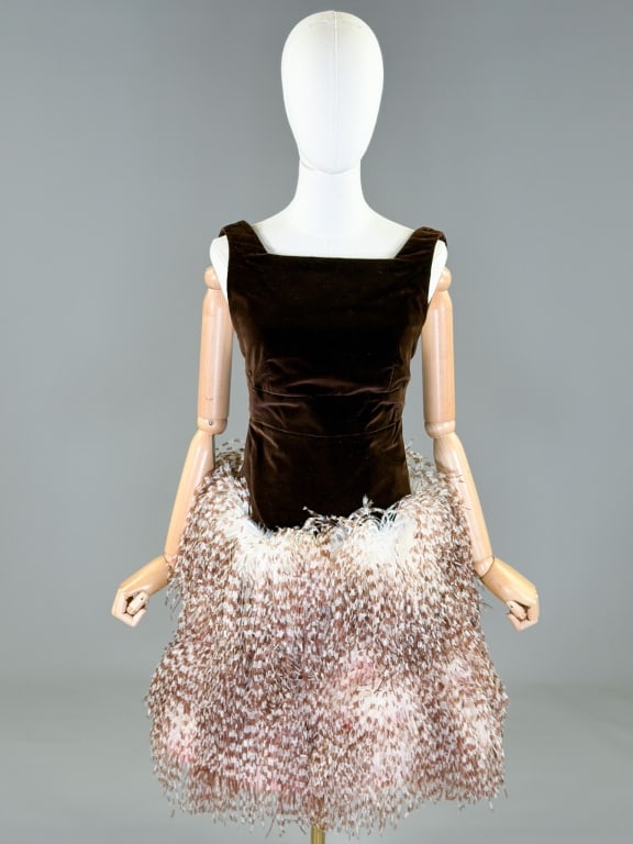 Vintage 1970s Velvet Ostrich Feather Party Dress: Vintage 1970s Velvet Ostrich Feather Party Dress having back zip closure. Measuring 34 inch bust, 27 inch waist, 38 inches long. From the lifetime collection, fashion archive and business inventory of